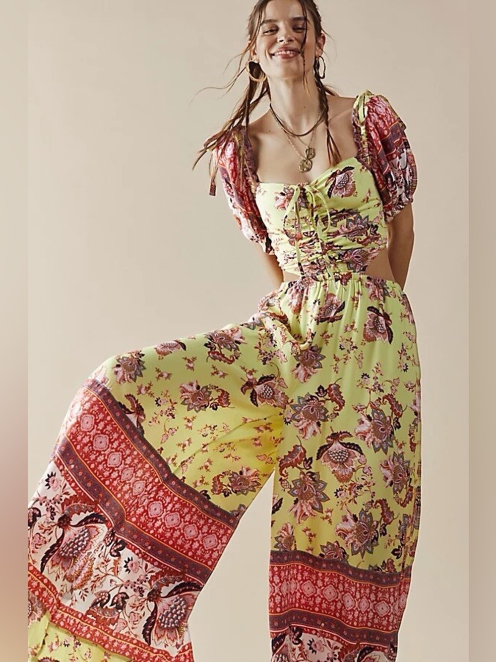 Free People Bali Citrus Skies Cut Out Wide Leg Boho Jumpsuit Beachy Resort M
